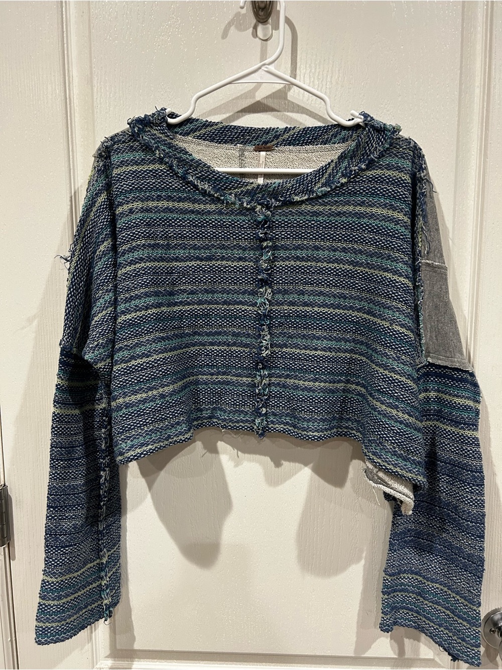 Free People Blue & Teal Striped Cropped Crew Sweater